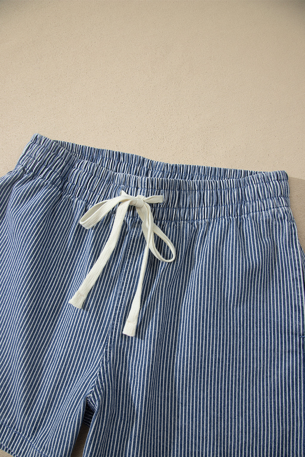 Blue Stripe Casual Denim Shorts With Drawstring Elastic Waist