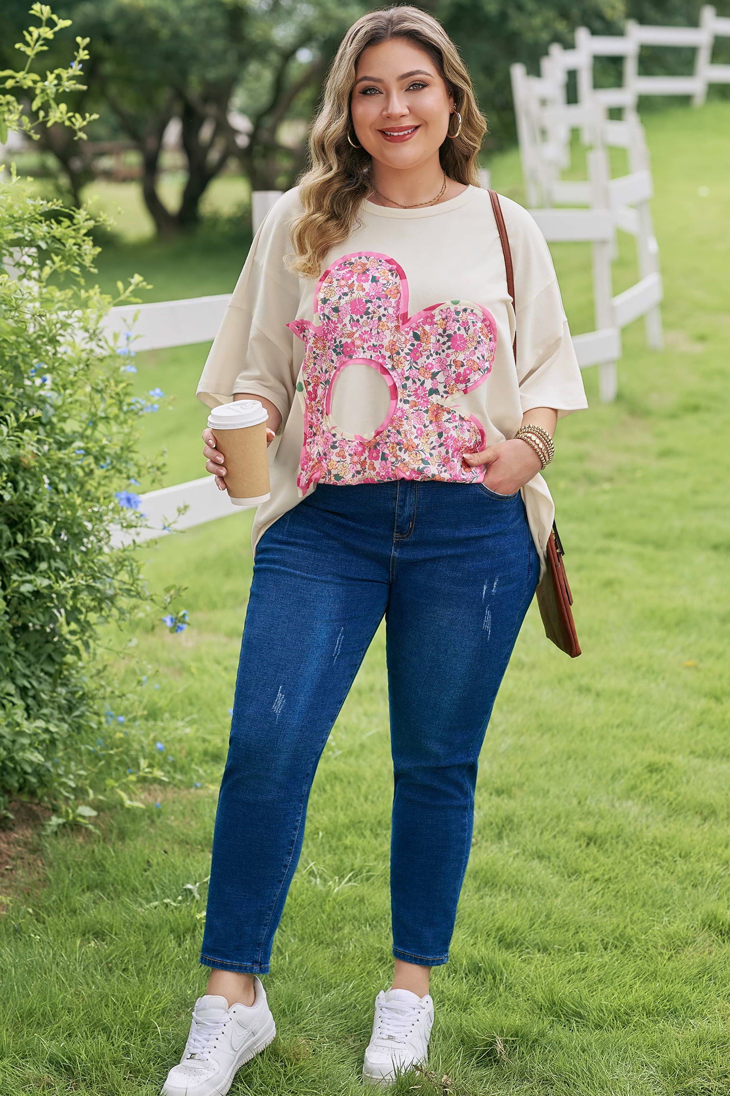 Plus Size Big Flower Patched Tunic Tee