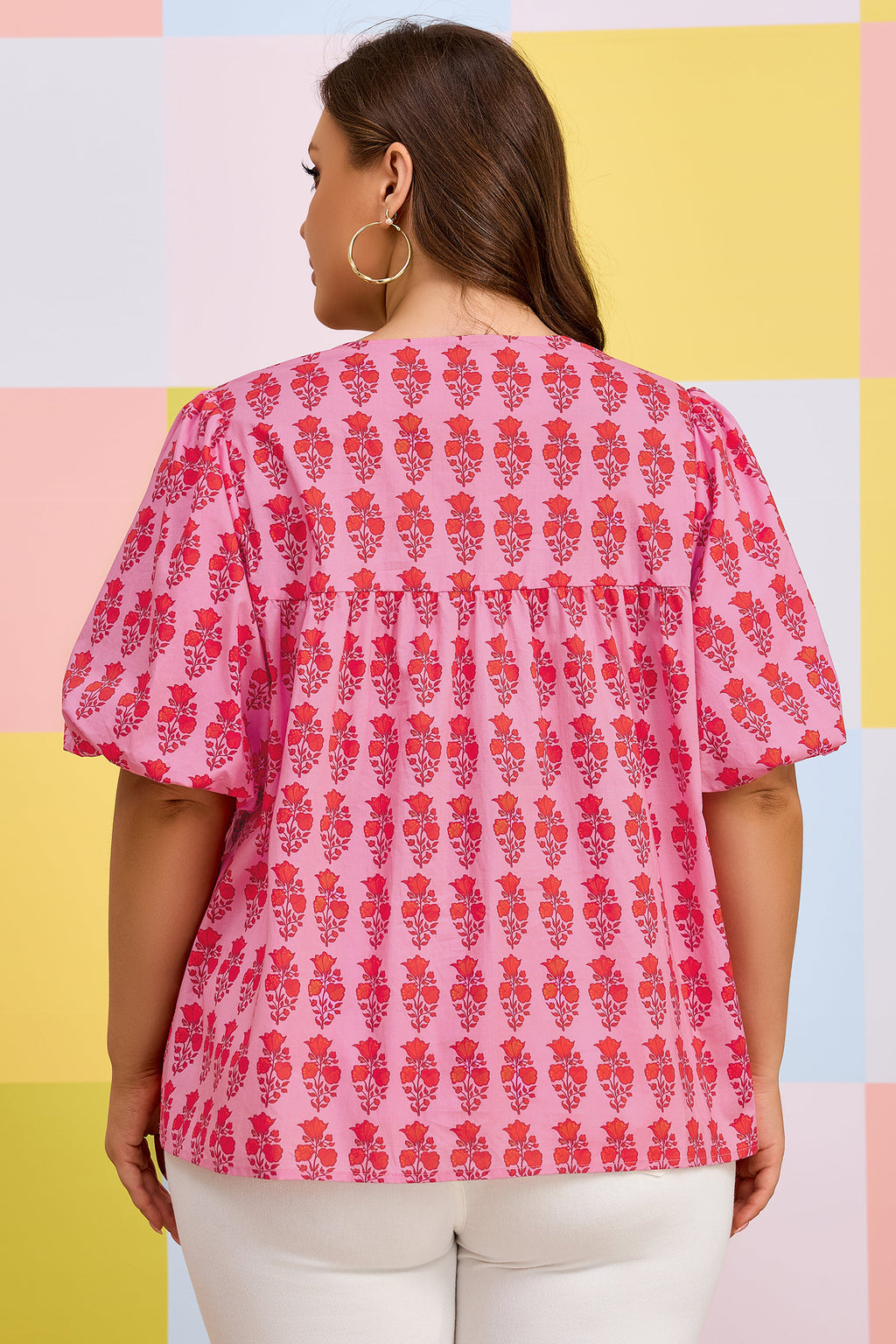 Plus size Pink Floral Print Cotton Blouse with Tassel Tie & Puff Sleeves