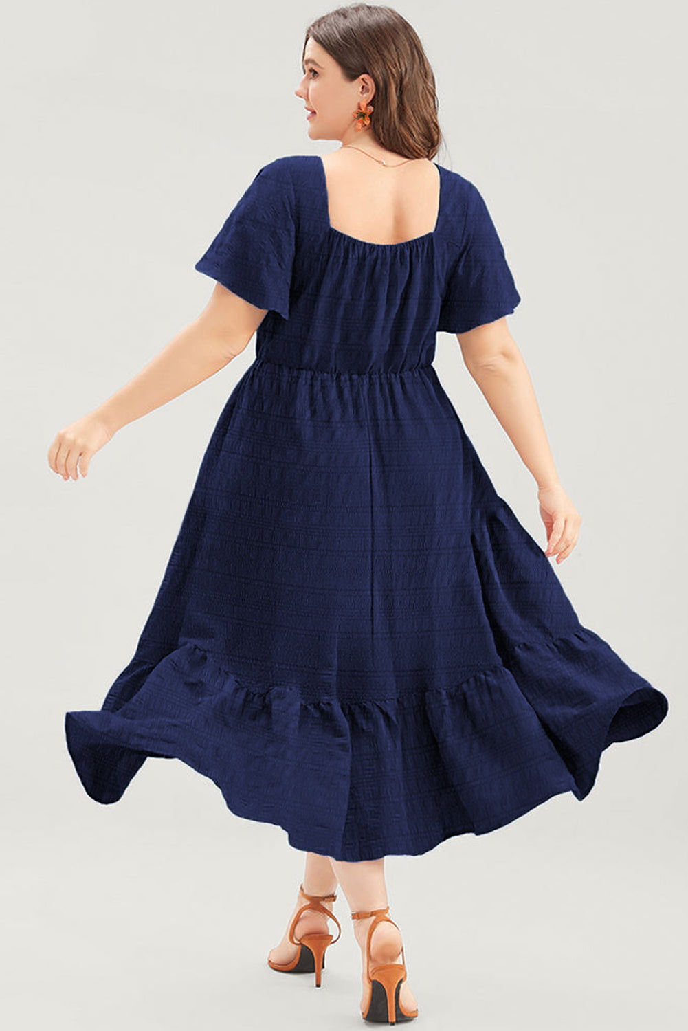 Plus Size Blue Short Sleeve Lace-up High Waist Midi Dress