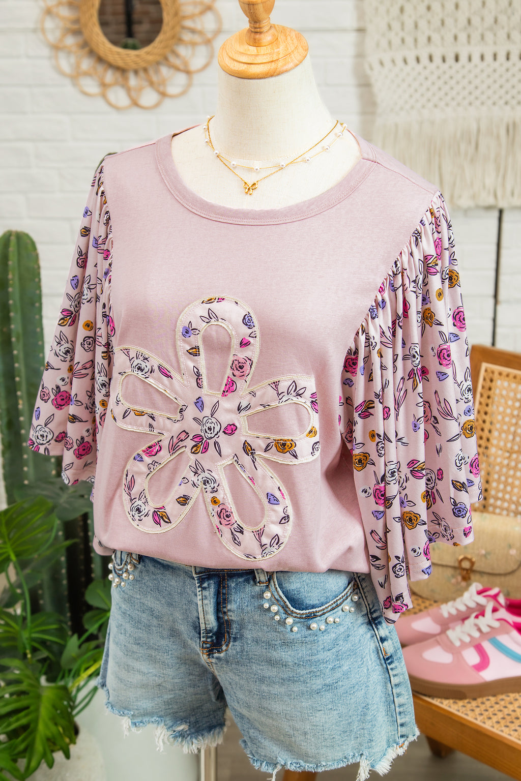 Flowy Pink Floral Patched Half Sleeve Blouse