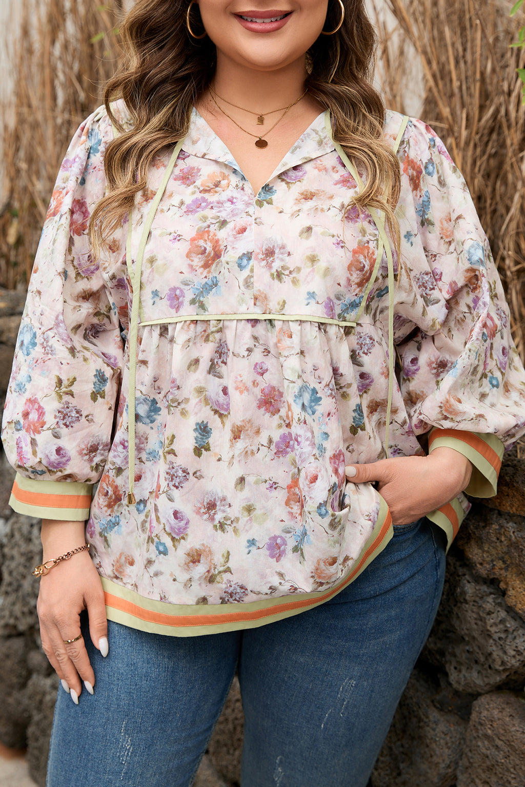 Plus Size Floral Print & Contrast Striped Trim Babydoll Blouse