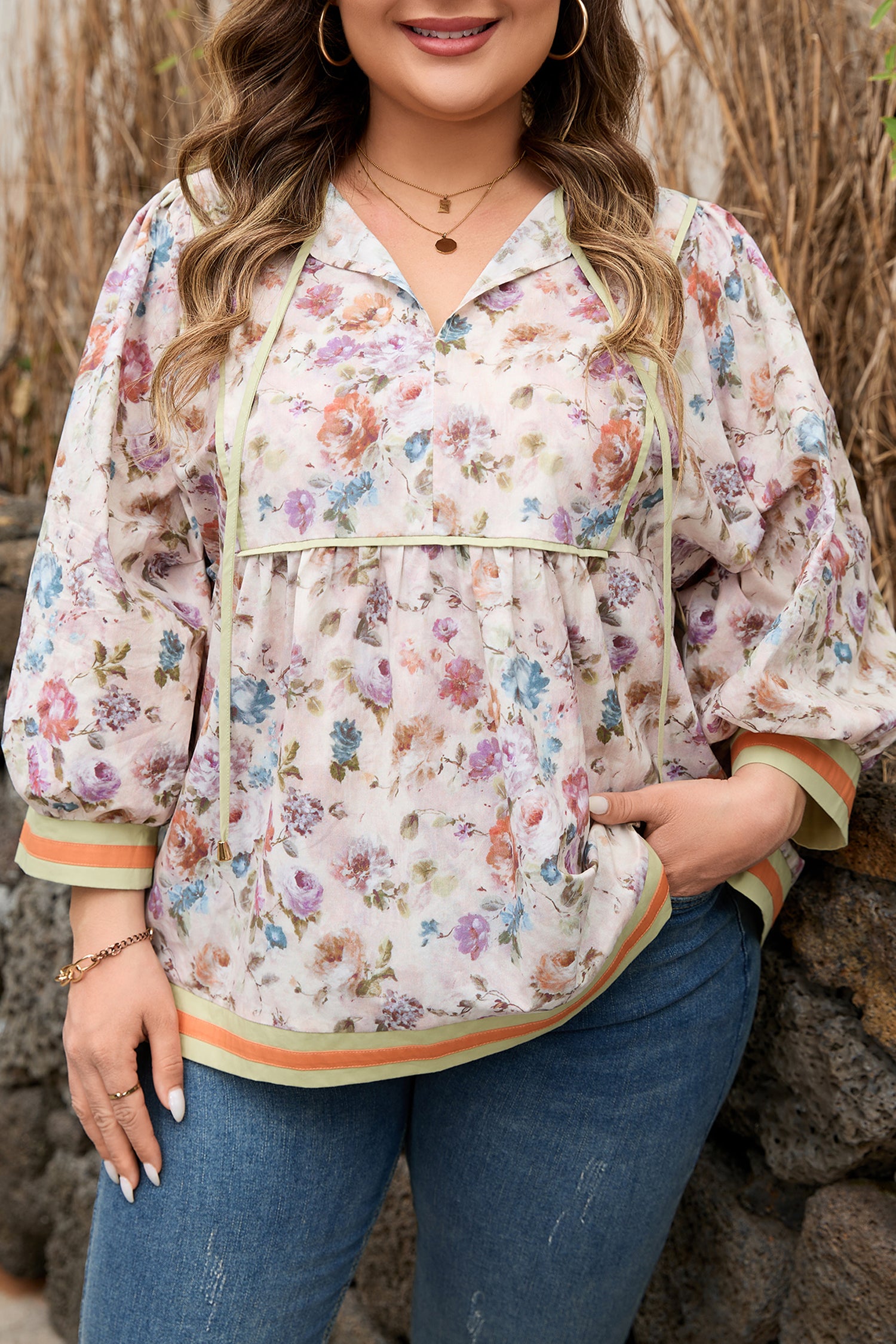 Plus Size Floral Print & Contrast Striped Trim Babydoll Blouse