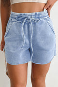 Sky Blue Mineral Washed Raw Cut Shorts With Elastic Drawstring Waste
