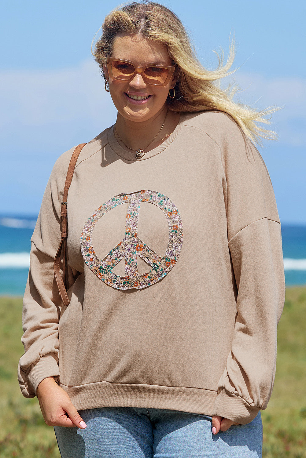 Plus Size Khaki Peace Sign Washed Terry Graphic Sweatshirt
