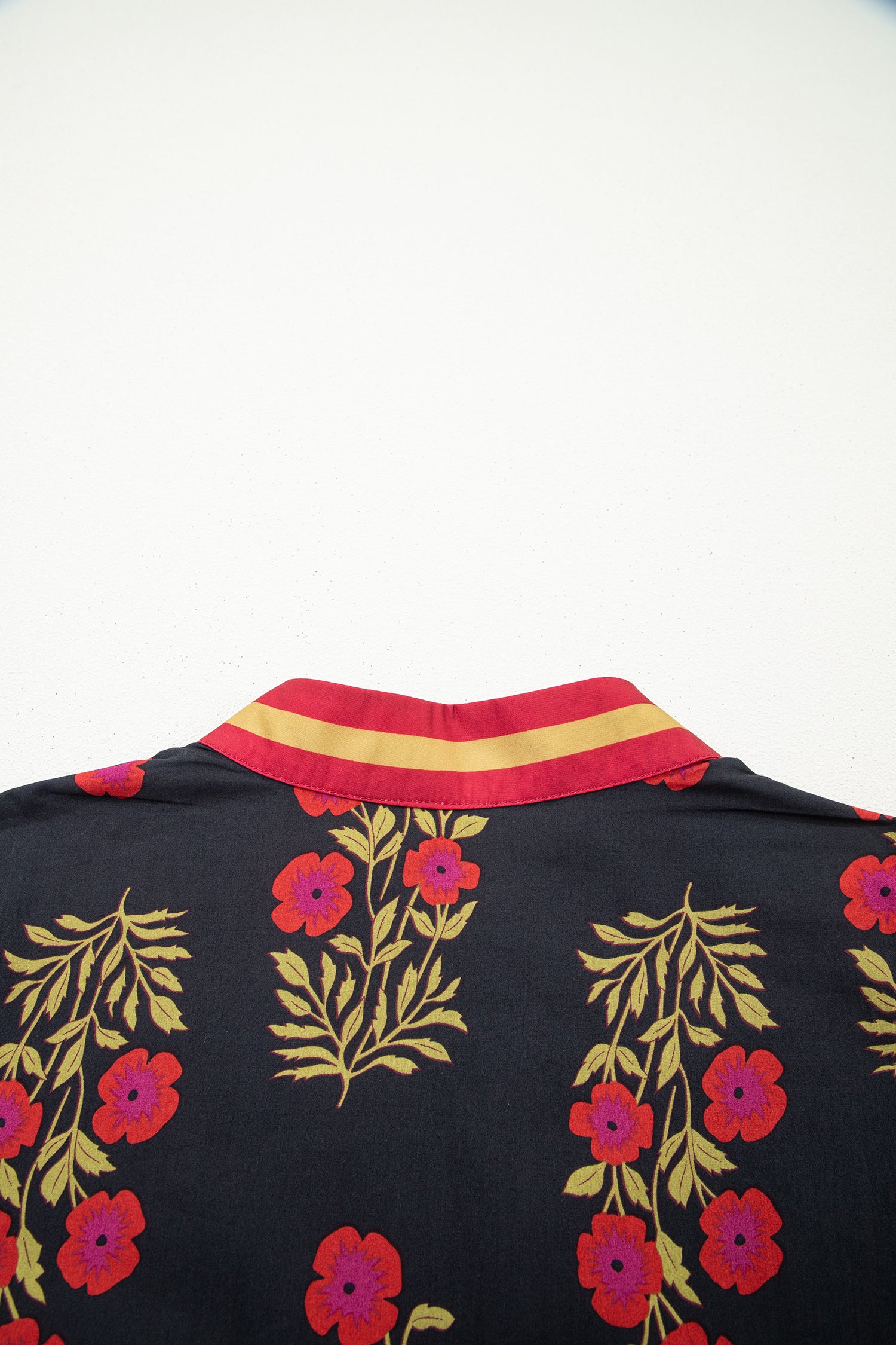 Plus Size Black Short Sleeve Cotton Blouse With Floral Print Ricrac Striped Trim