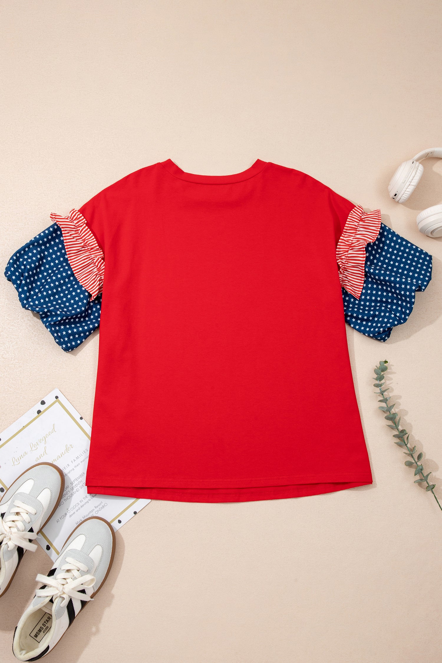 Plus Size Fiery Red Striped Ruffles Star Short Bubble Sleeve Patchwork Top