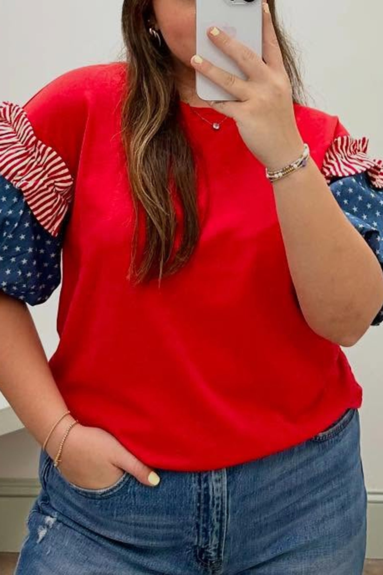Plus Size Fiery Red Striped Ruffles Star Short Bubble Sleeve Patchwork Top