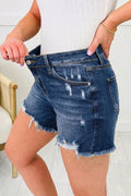 Distressed Whiskery Denim Shorts With Asymmetric Raw Hem
