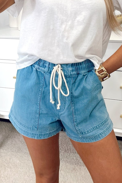 Beau Blue Elastic Waistband Denim Shorts With Drawstring