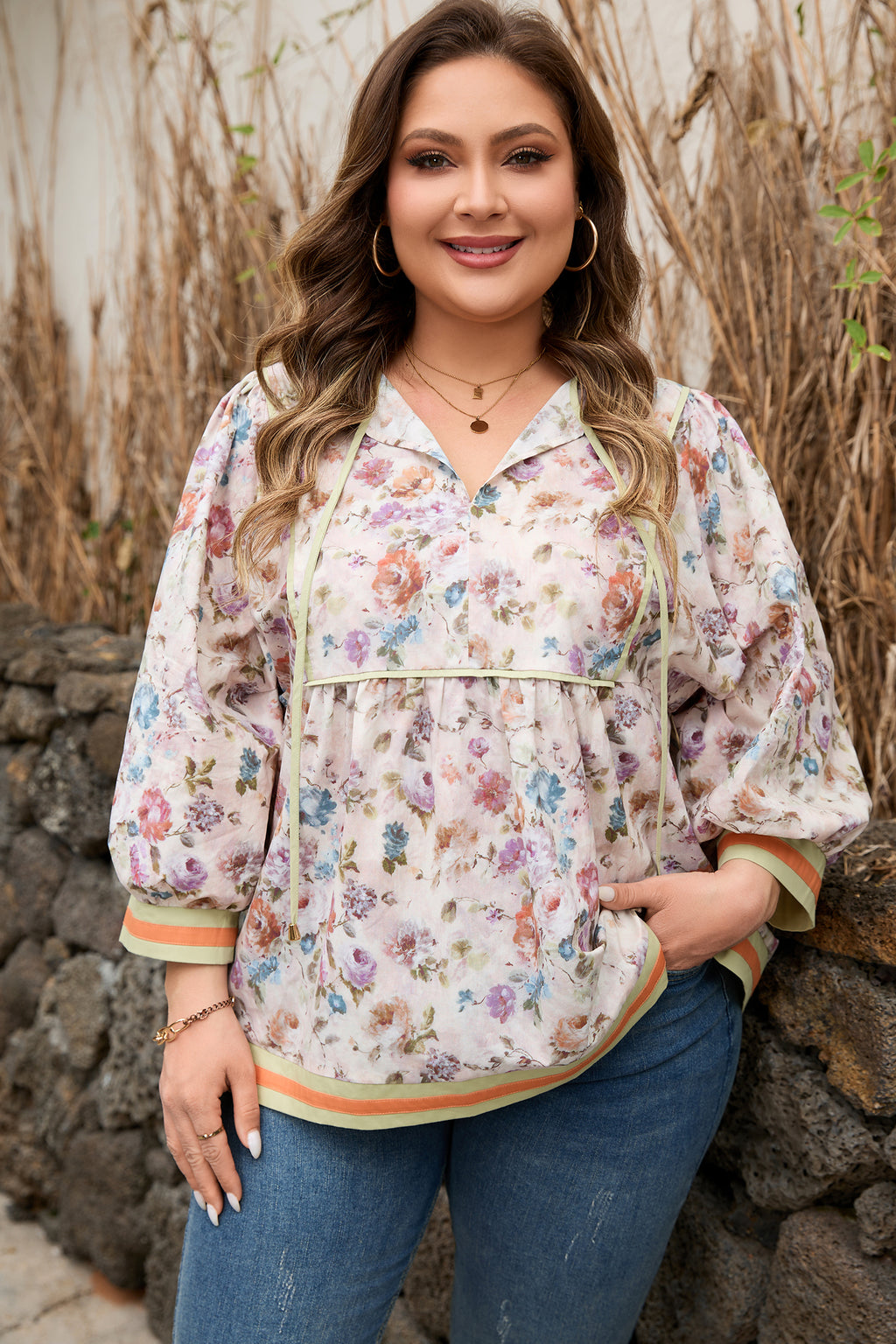 Plus Size Floral Print & Contrast Striped Trim Babydoll Blouse