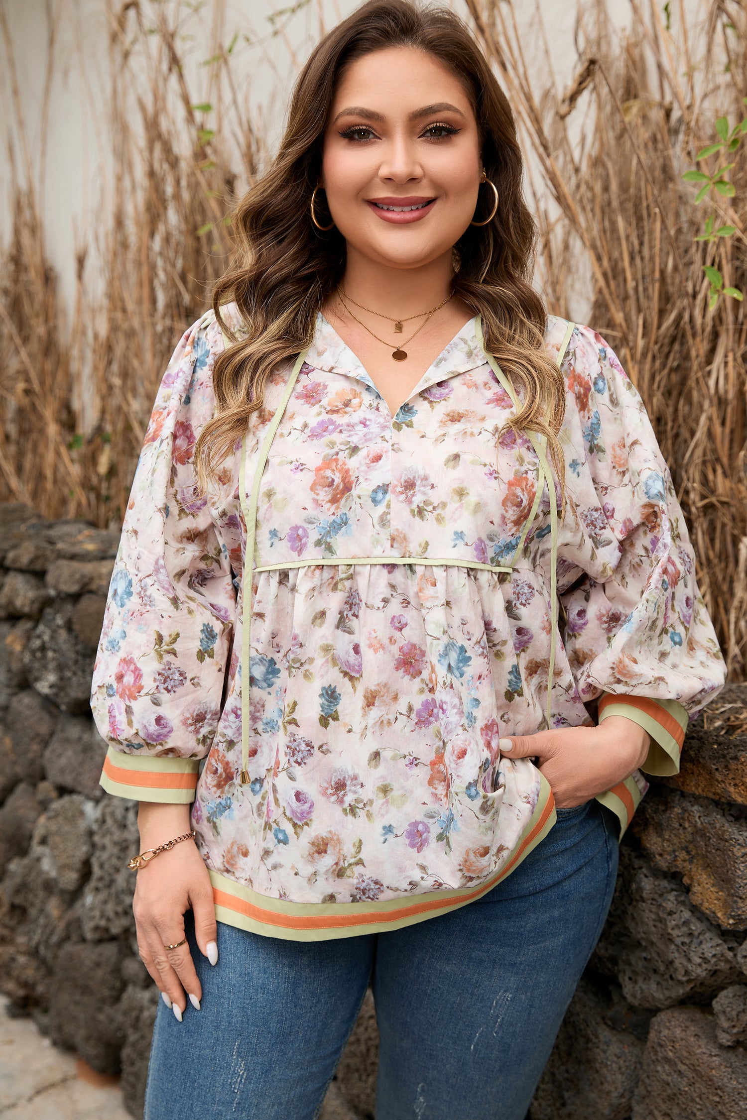 Plus Size Floral Print & Contrast Striped Trim Babydoll Blouse