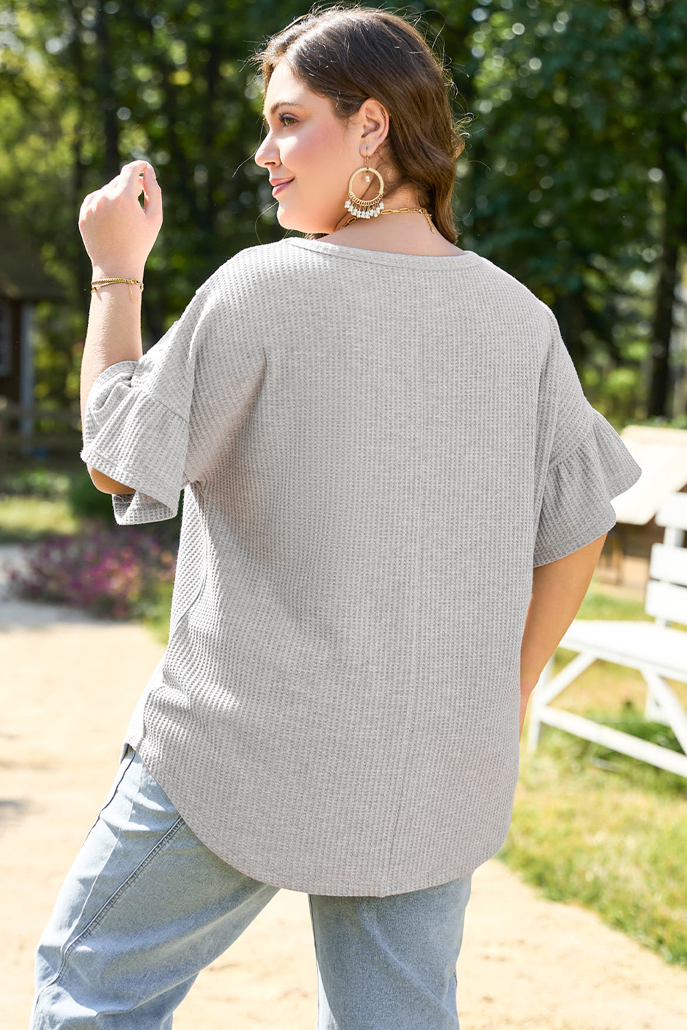 Plus Size Light Grey With Lace Insert Ruffle Short Sleeve Waffle Top