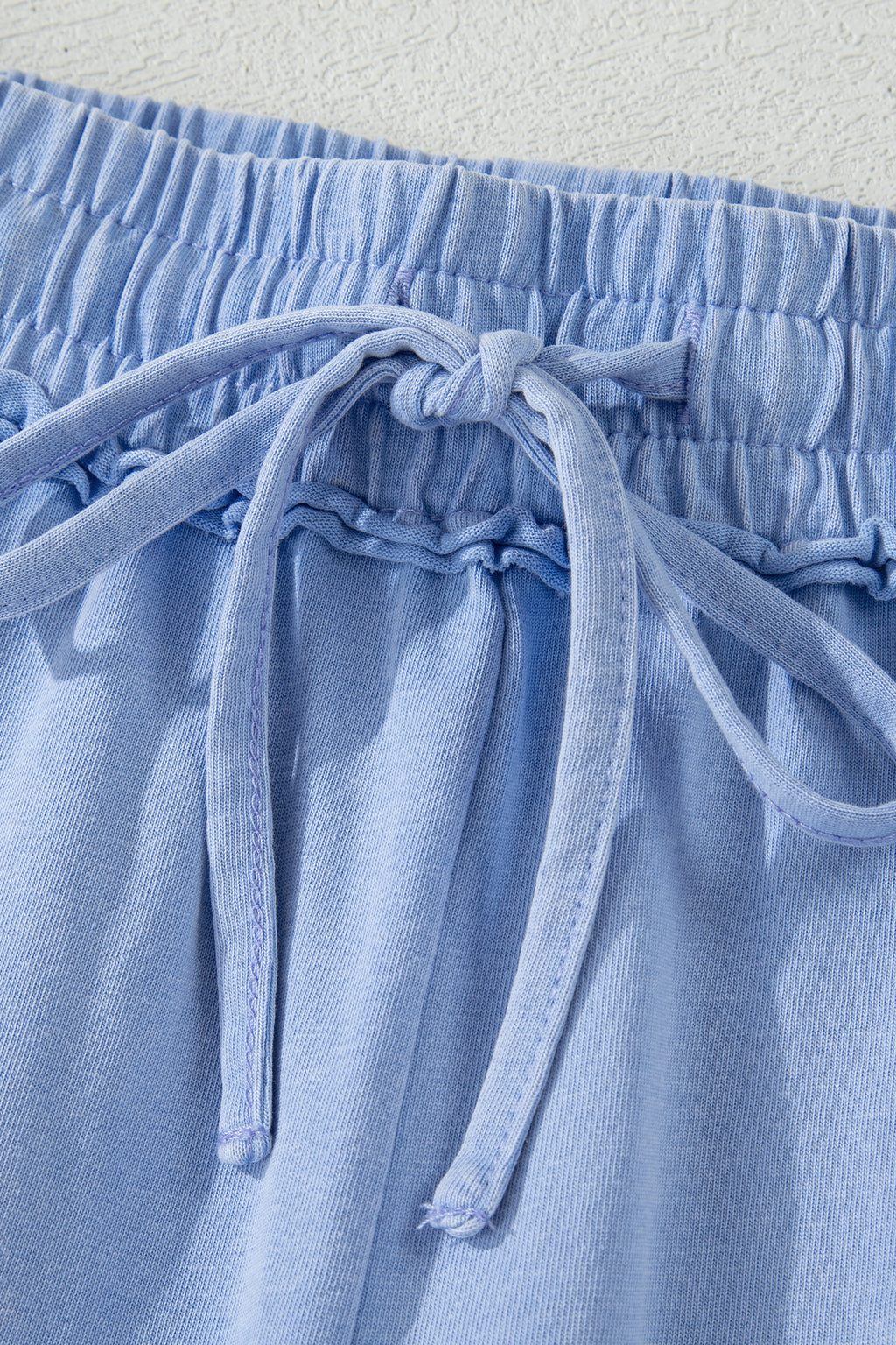Sky Blue Mineral Washed Raw Cut Shorts With Elastic Drawstring Waste
