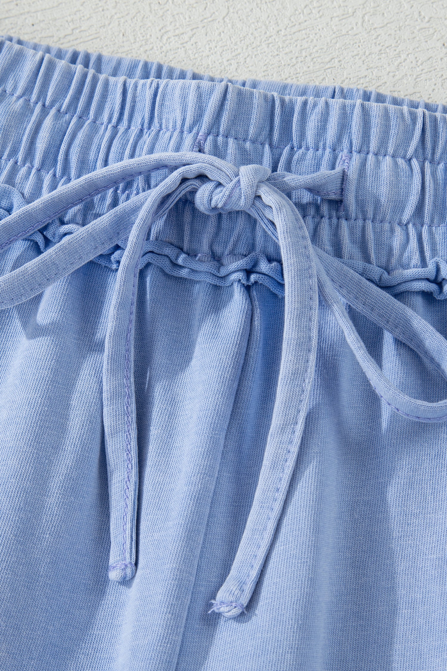 Sky Blue Mineral Washed Raw Cut Shorts With Elastic Drawstring Waste