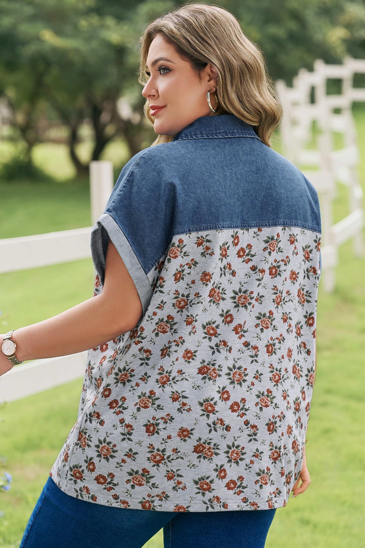 Plus size Gray Retro Floral Print & Denim Patchwork Polo Tee
