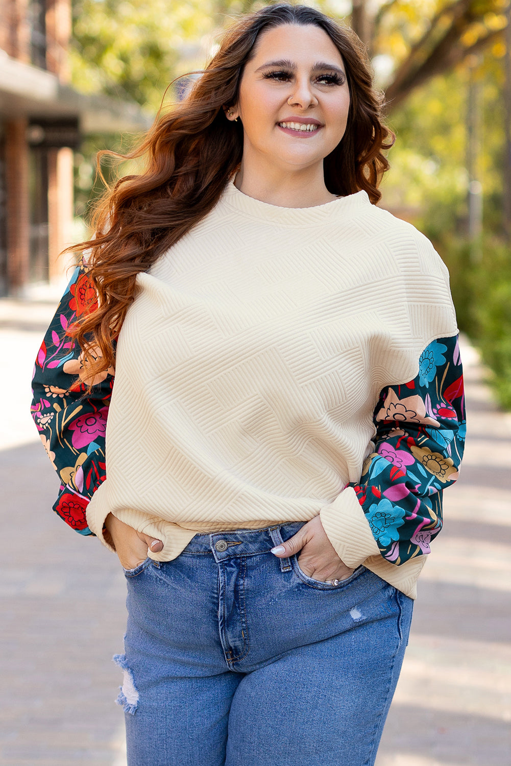 Plus Size White With Floral Patchwork Sleeves Pullover Top