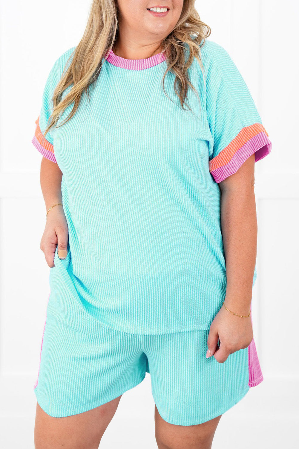 Plus Size Color Block Corded Knit Tee and Shorts Set
