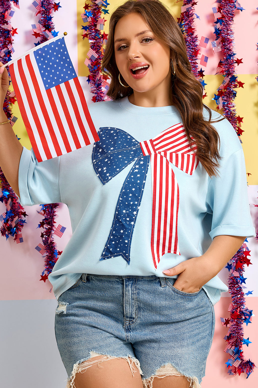 Plus Size Blue Patriotic Patchwork Bow Graphic Tee