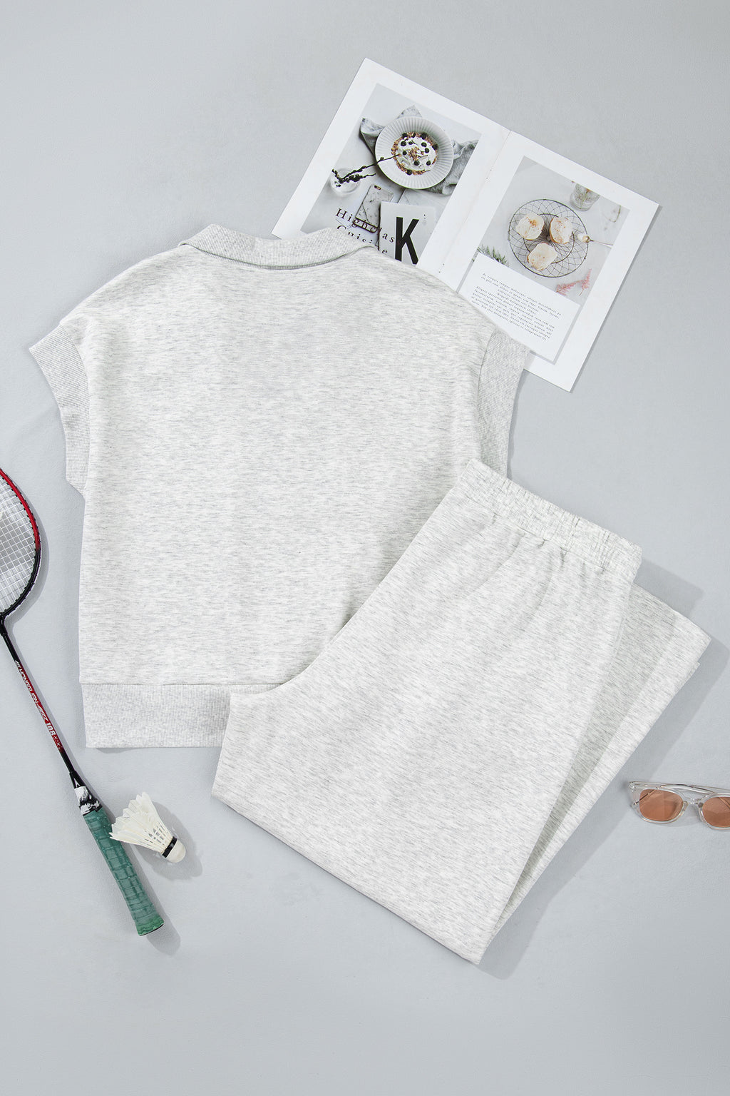 Plus Size Light Grey 2pc Outfit With Half Zip Polo Tee & Loose Pants