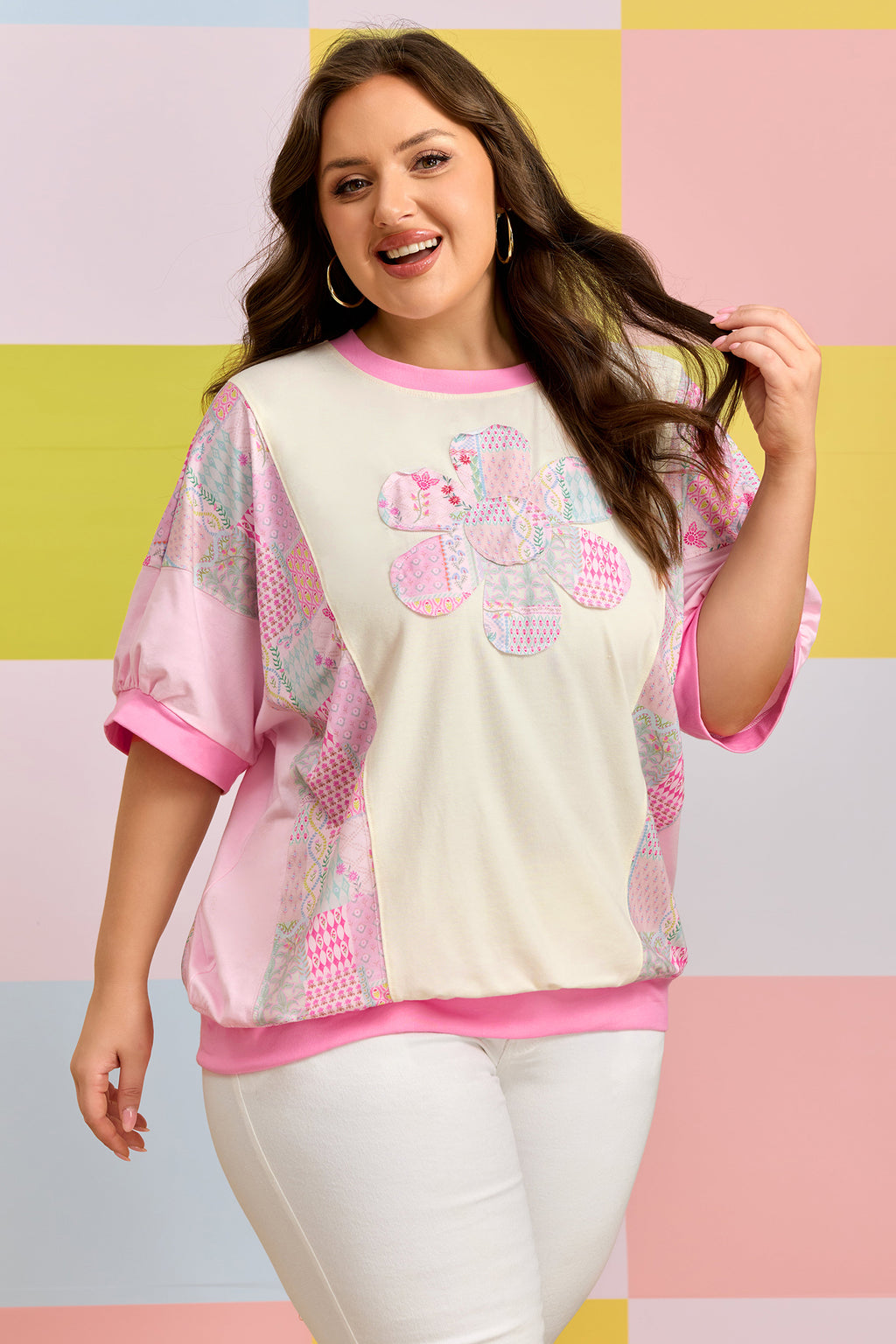 Plus Size Beige Short Sleeve Floral Patchwork Tee