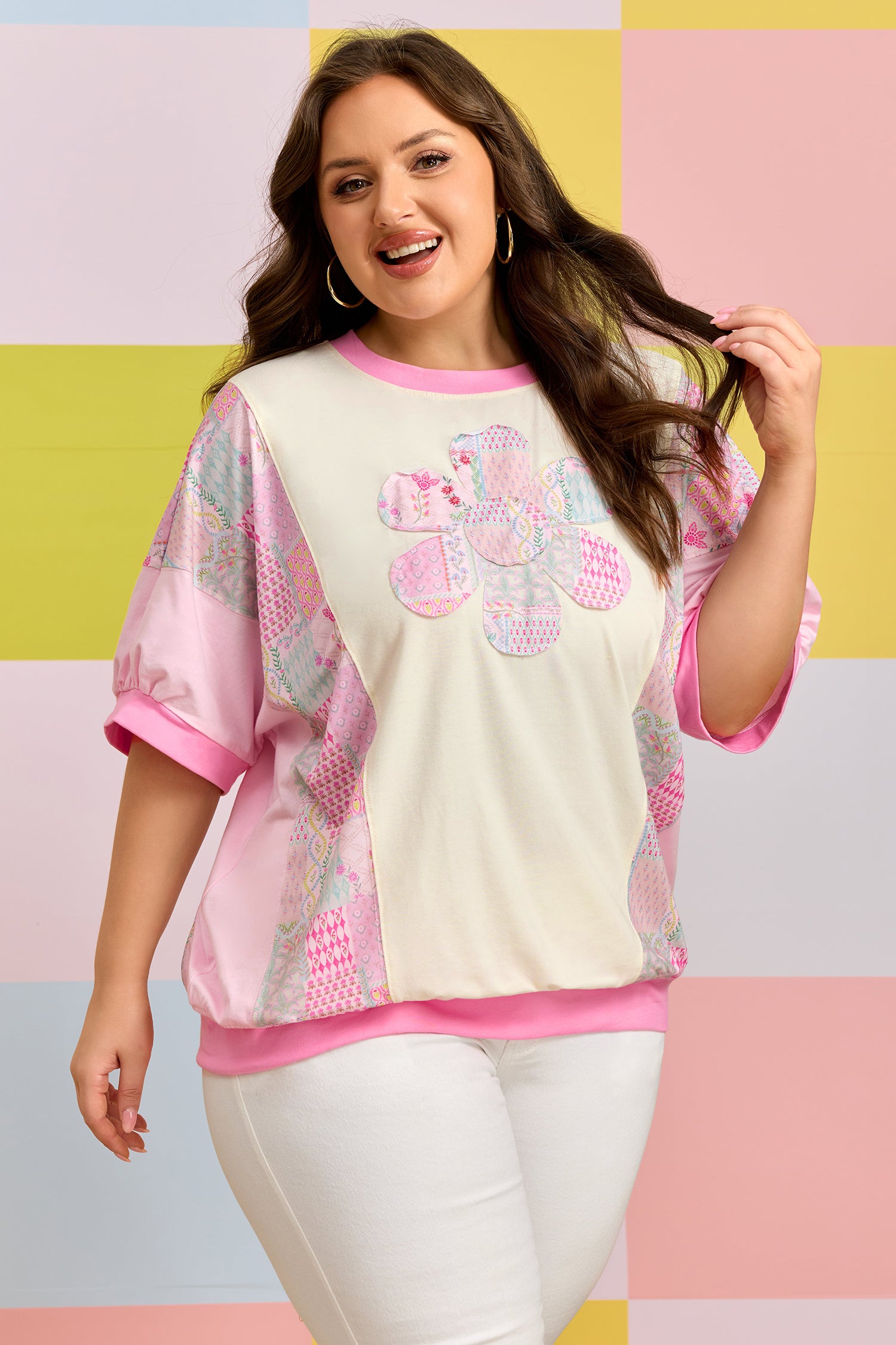 Plus Size Beige Short Sleeve Floral Patchwork Tee