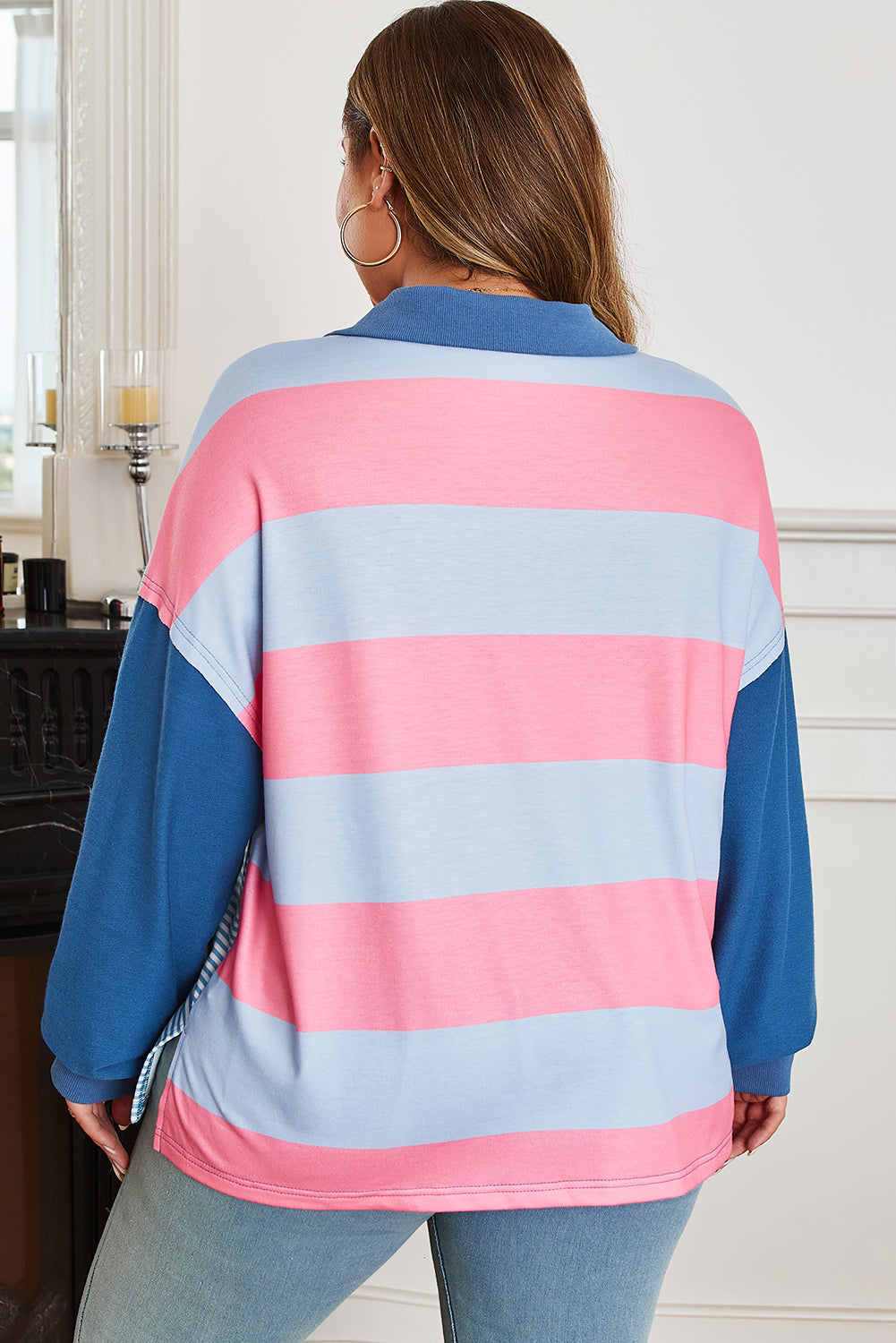 Plus Size Blue Stripe Colorblock Zip-Up Pullover