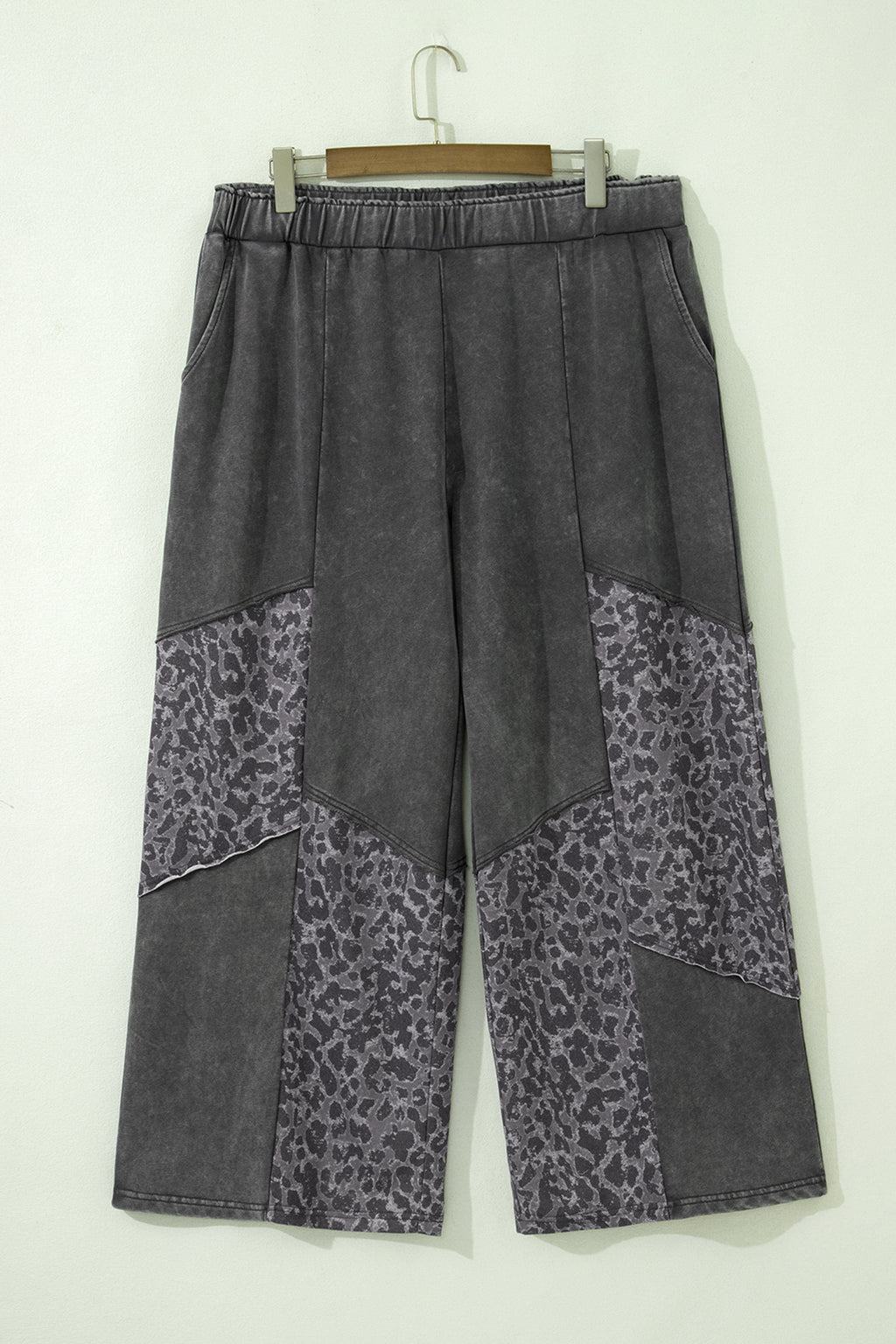 Plus Size Dark Grey Leopard Patchwork Wide Leg Mineral Wash Pants