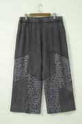 Plus Size Dark Grey Leopard Patchwork Wide Leg Mineral Wash Pants