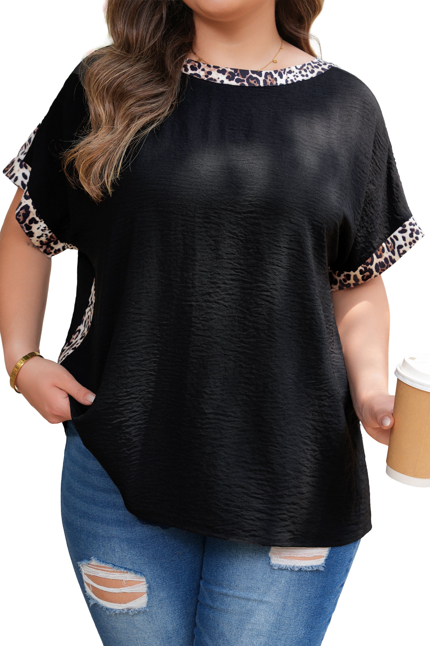 Plus Size Black Leopard Patchwork Round Neck Loose Tee