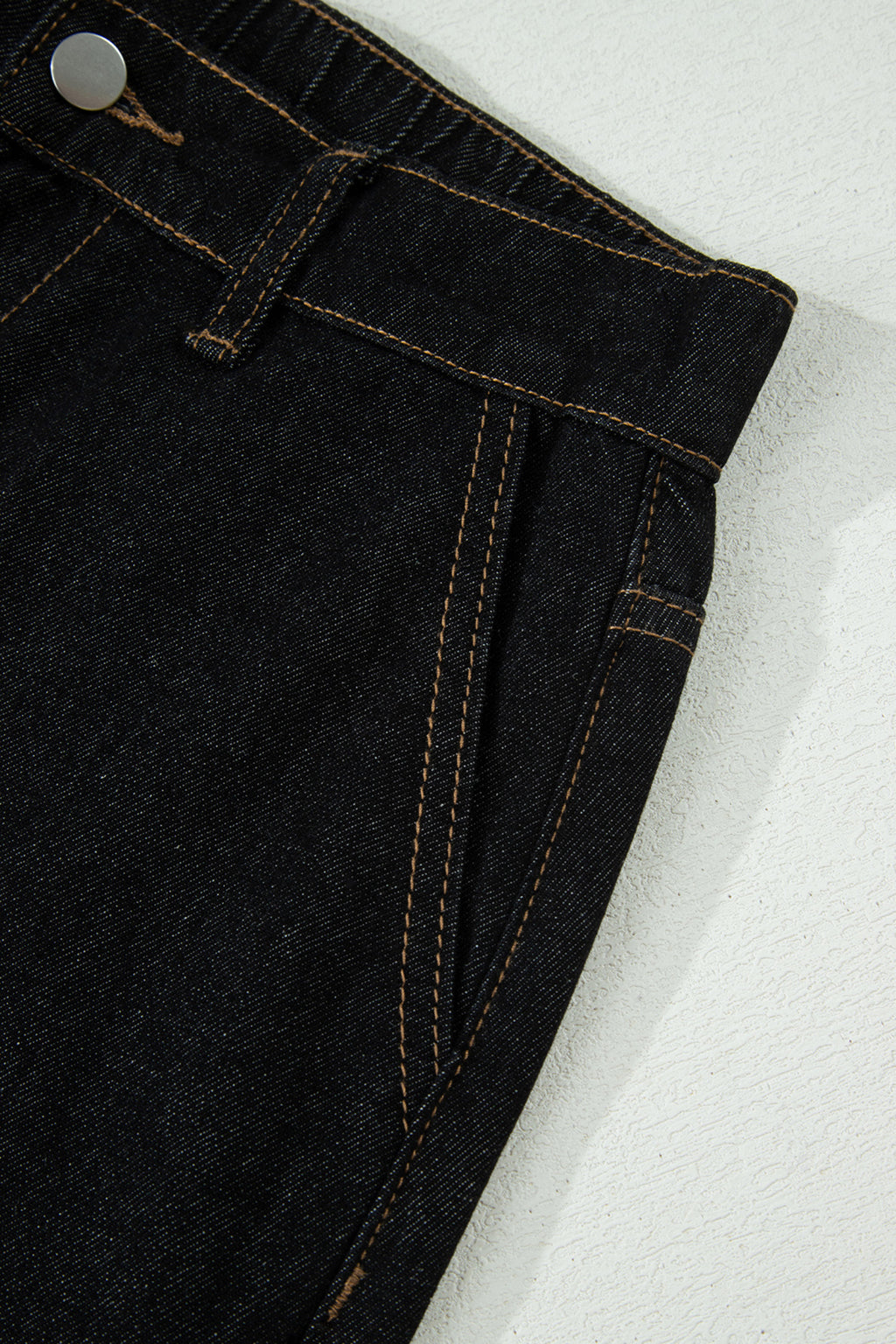 Black Relaxed Denim Shorts With Embroidered & Scalloped Trim