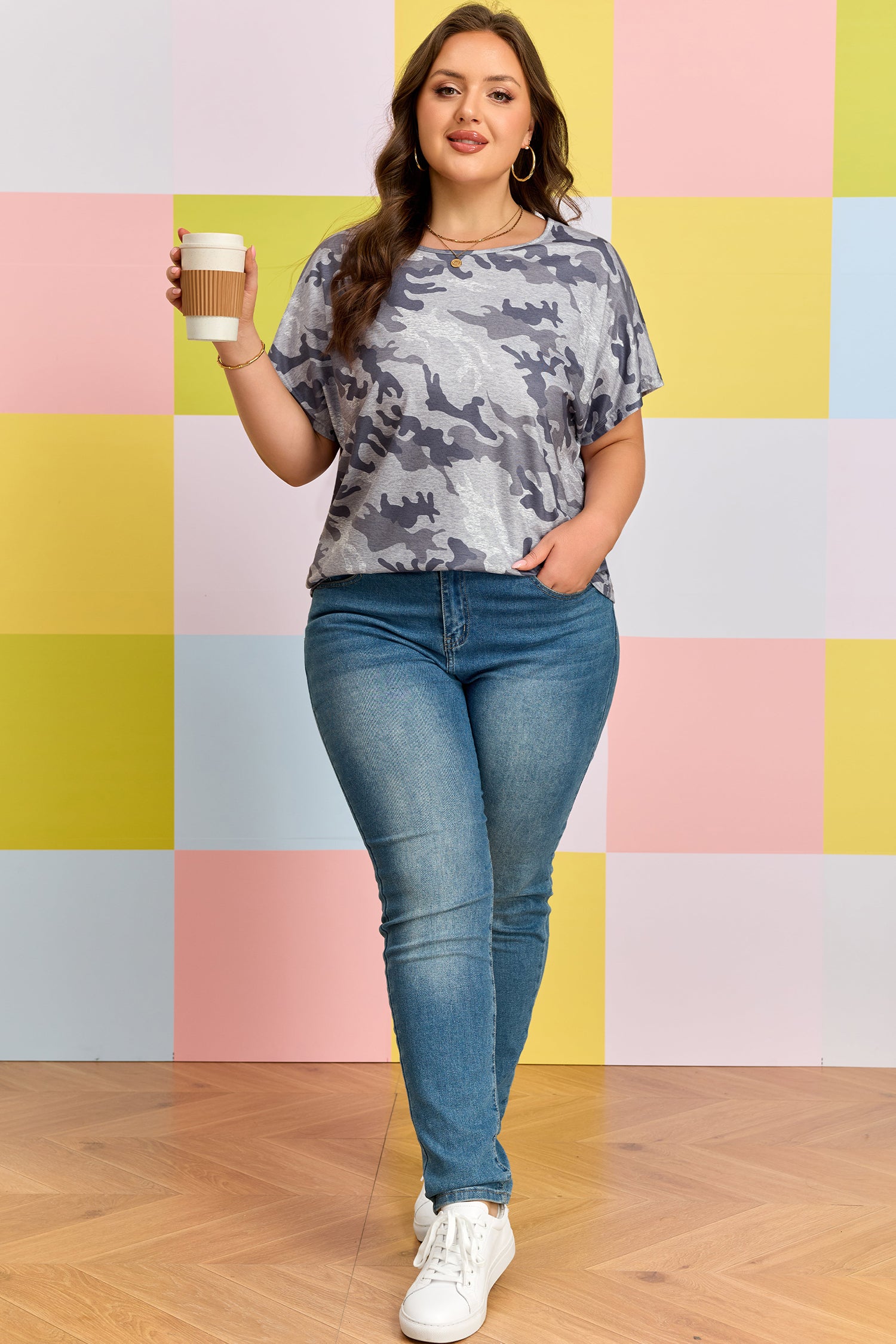 Plus Size Gray Camo Print Casual Tee