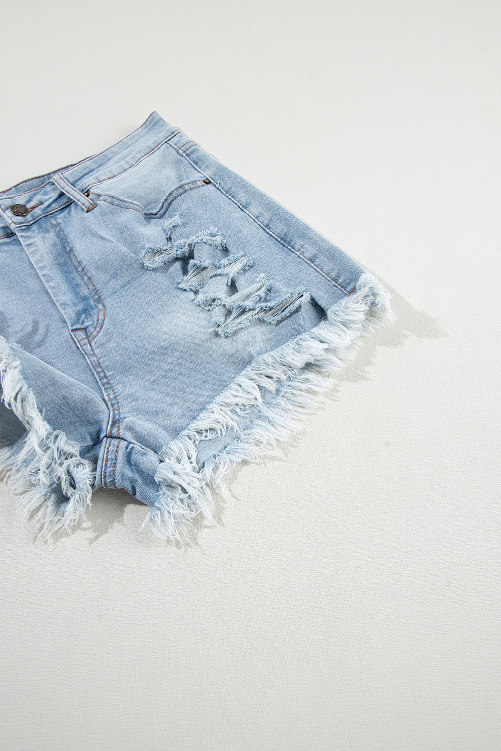 Light Blue High Waist Distressed Denim Shorts With Ripped Raw Hem