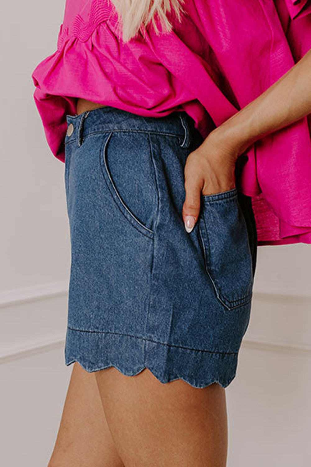 High Waste Sail Blue Acid Wash Denim Shorts With Scalloped Hemline
