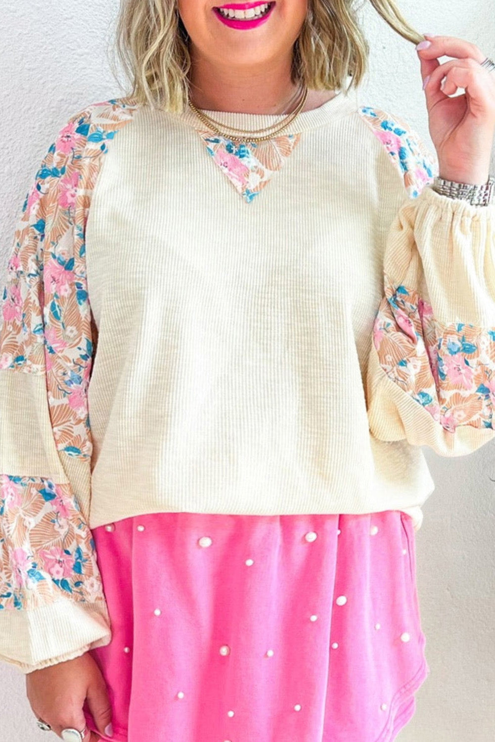 Plus Size Floral Patchwork Ribbed Puff Sleeve Top