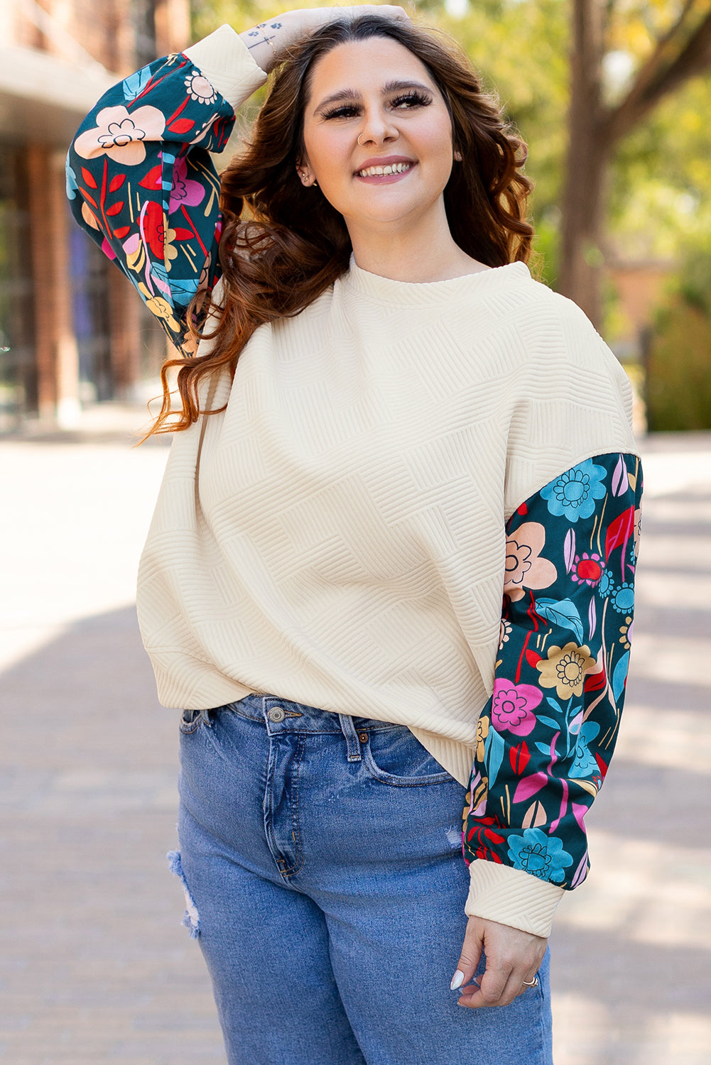 Plus Size White With Floral Patchwork Sleeves Pullover Top