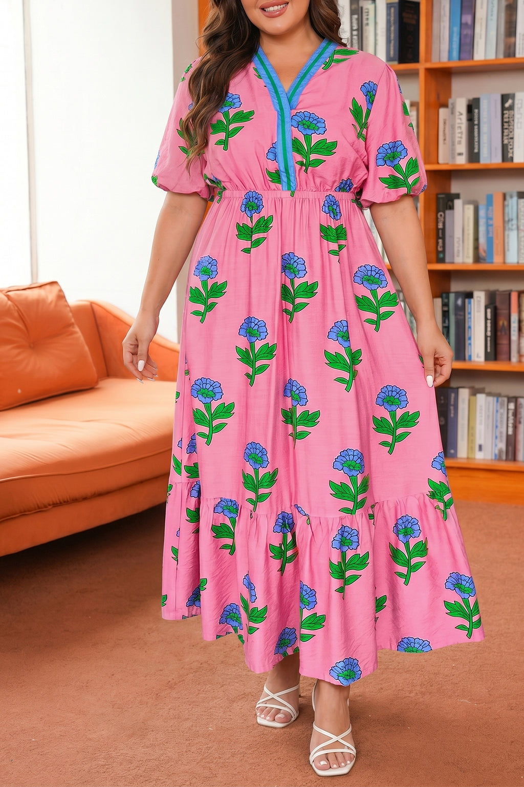 Plus Size Pink Floral V-Neck Ruffled Maxi Dress
