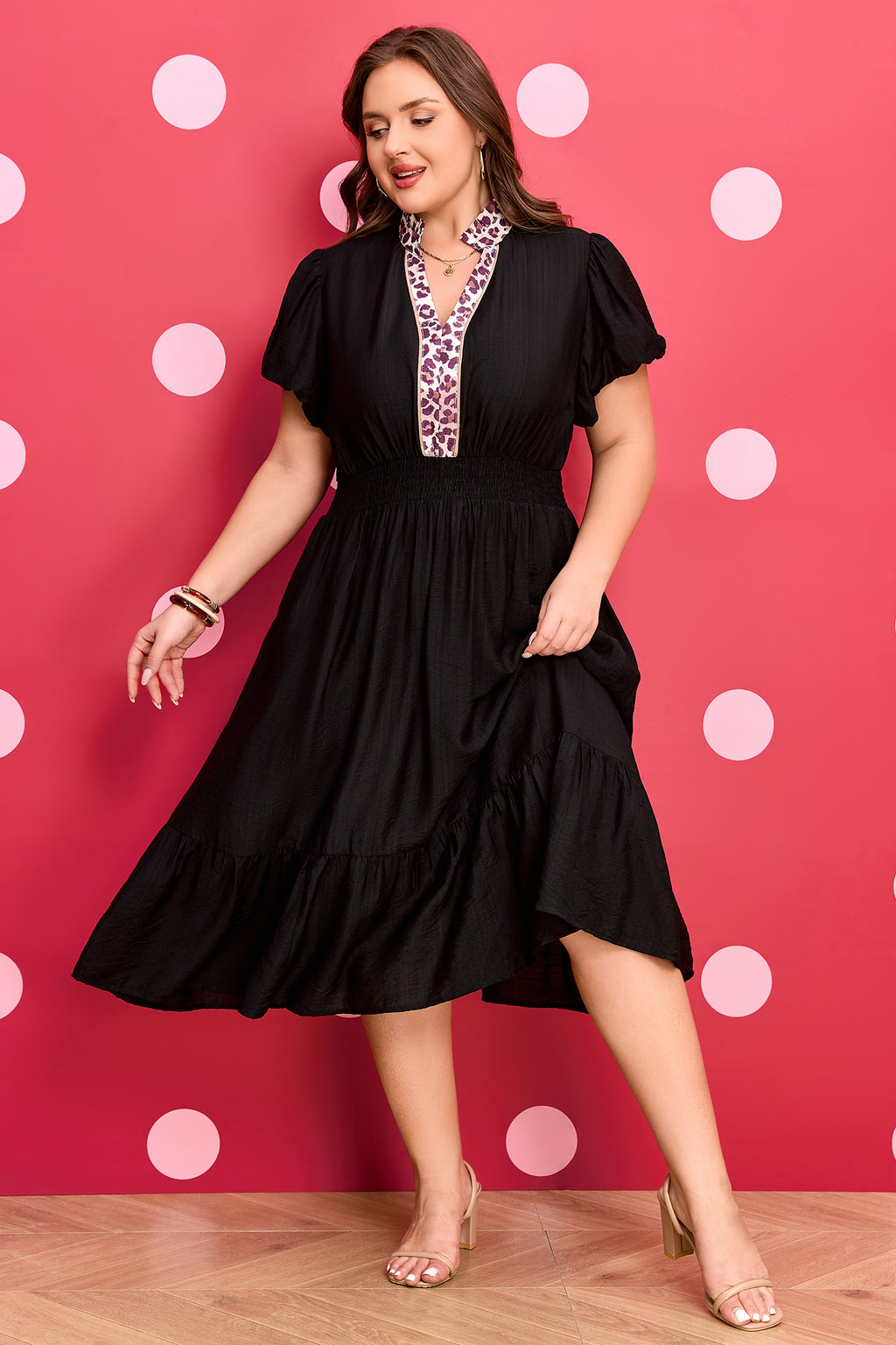 Plus Size Black Leopard V Neck Smocked Waist Ruffled Dress