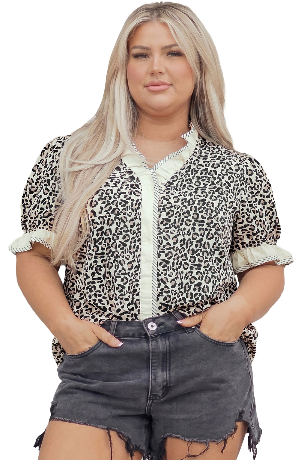Plus Size Black Frilled V-Neck Short Sleeve Blouse With Leopard Print & Striped Color Block Trim