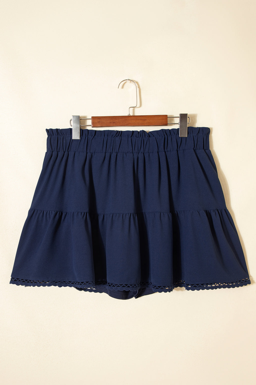 Plus Size Navy Blue Frilled Elastic Waist Lace Trim Ruffled Shorts