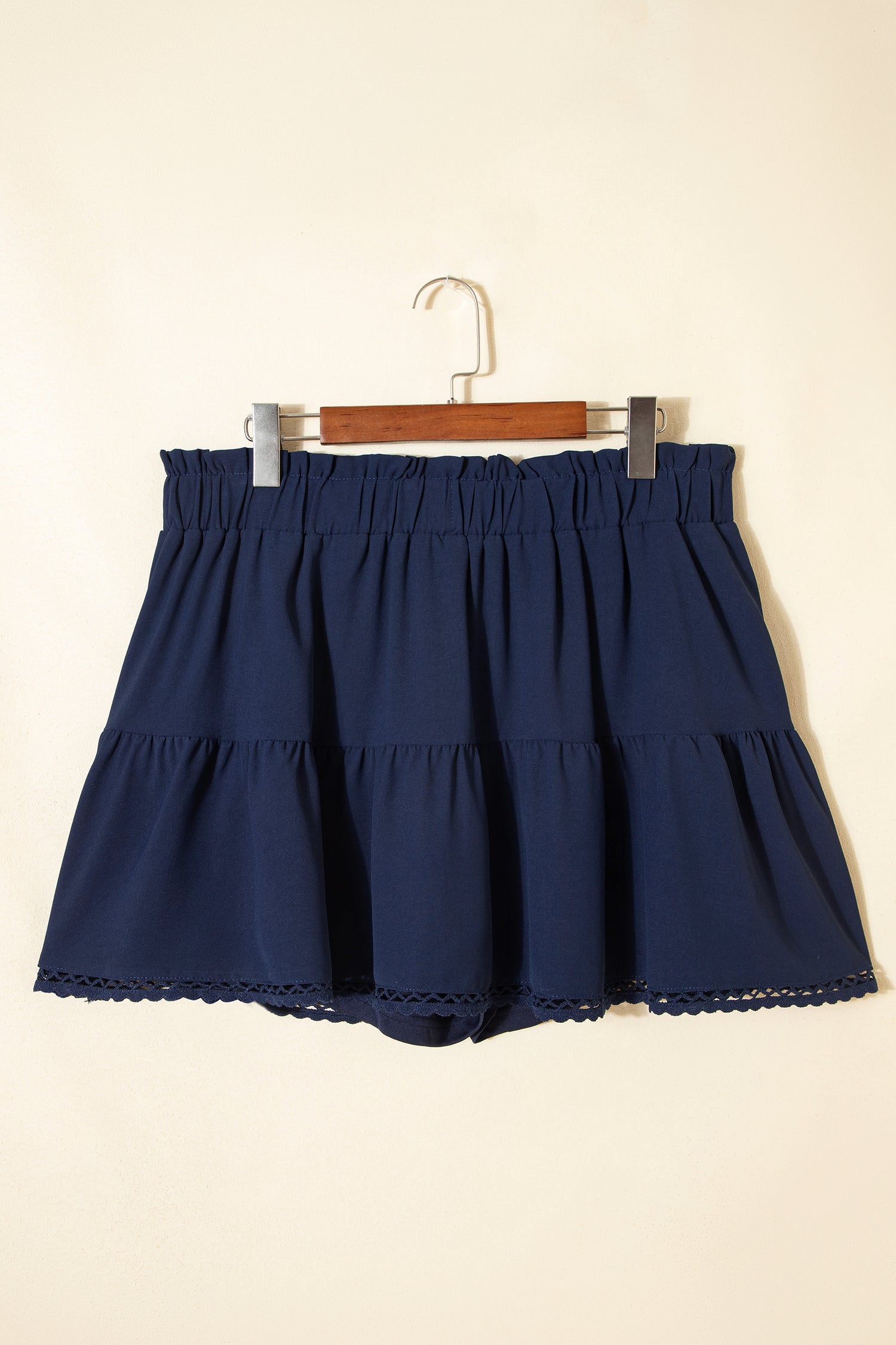 Plus Size Navy Blue Frilled Elastic Waist Lace Trim Ruffled Shorts