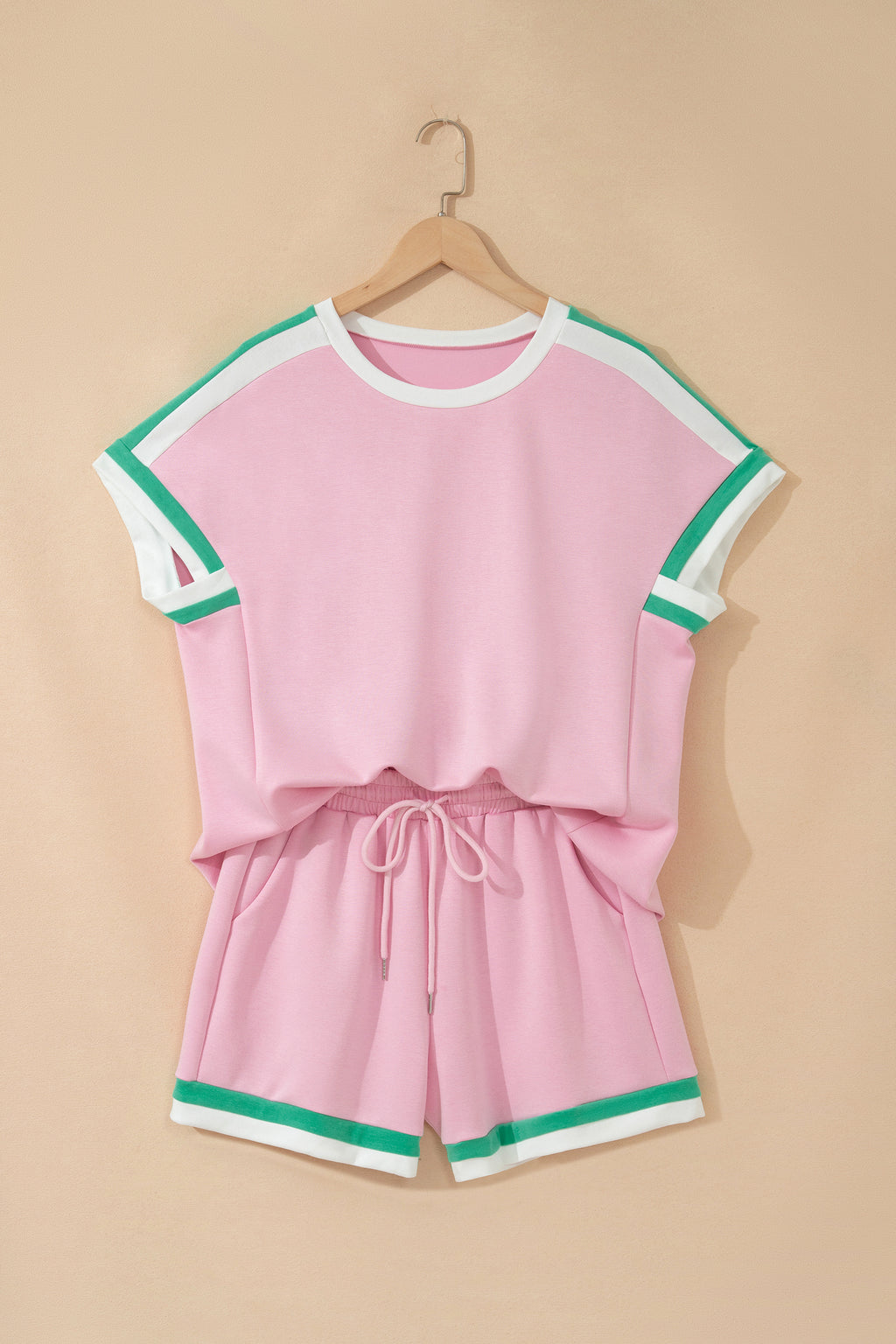 Bonbon Striped Trim Casual Tee & Drawstring Shorts 2pcs Set