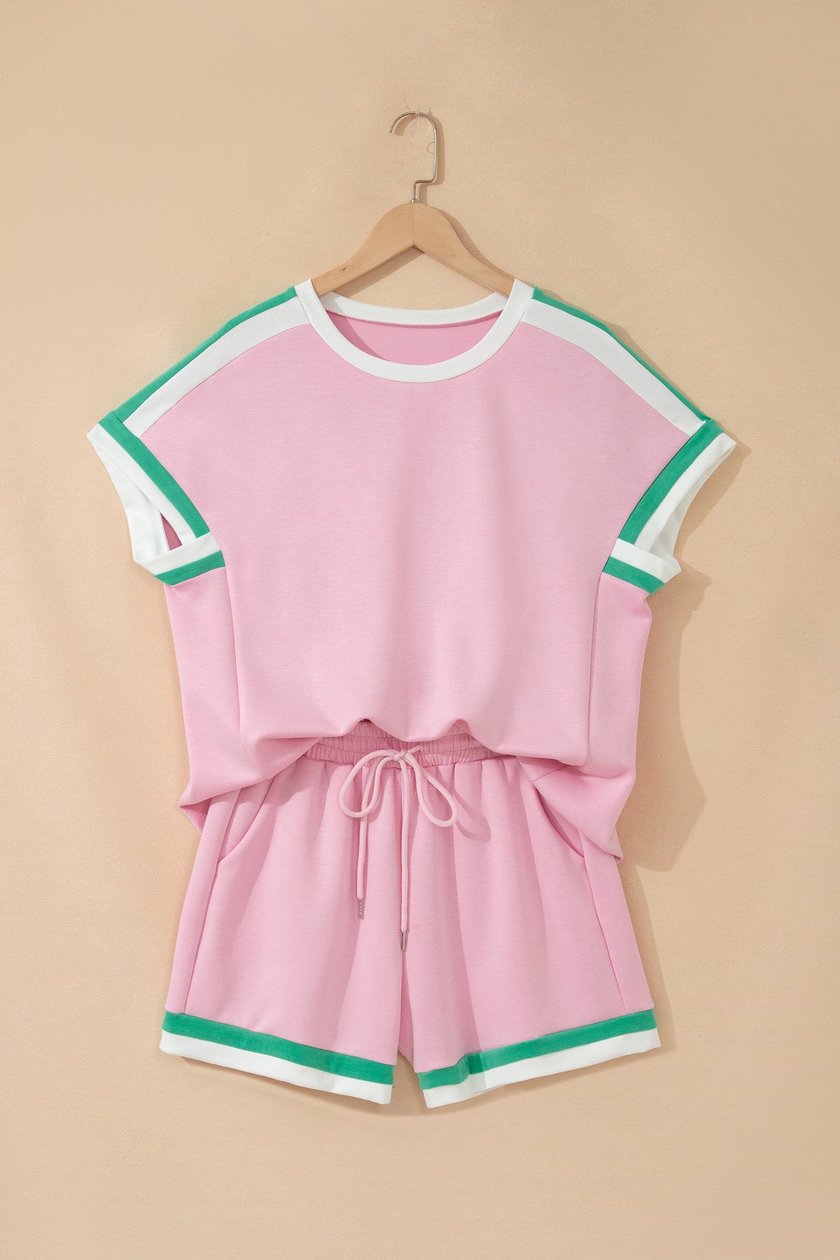Bonbon Striped Trim Casual Tee & Drawstring Shorts 2pcs Set