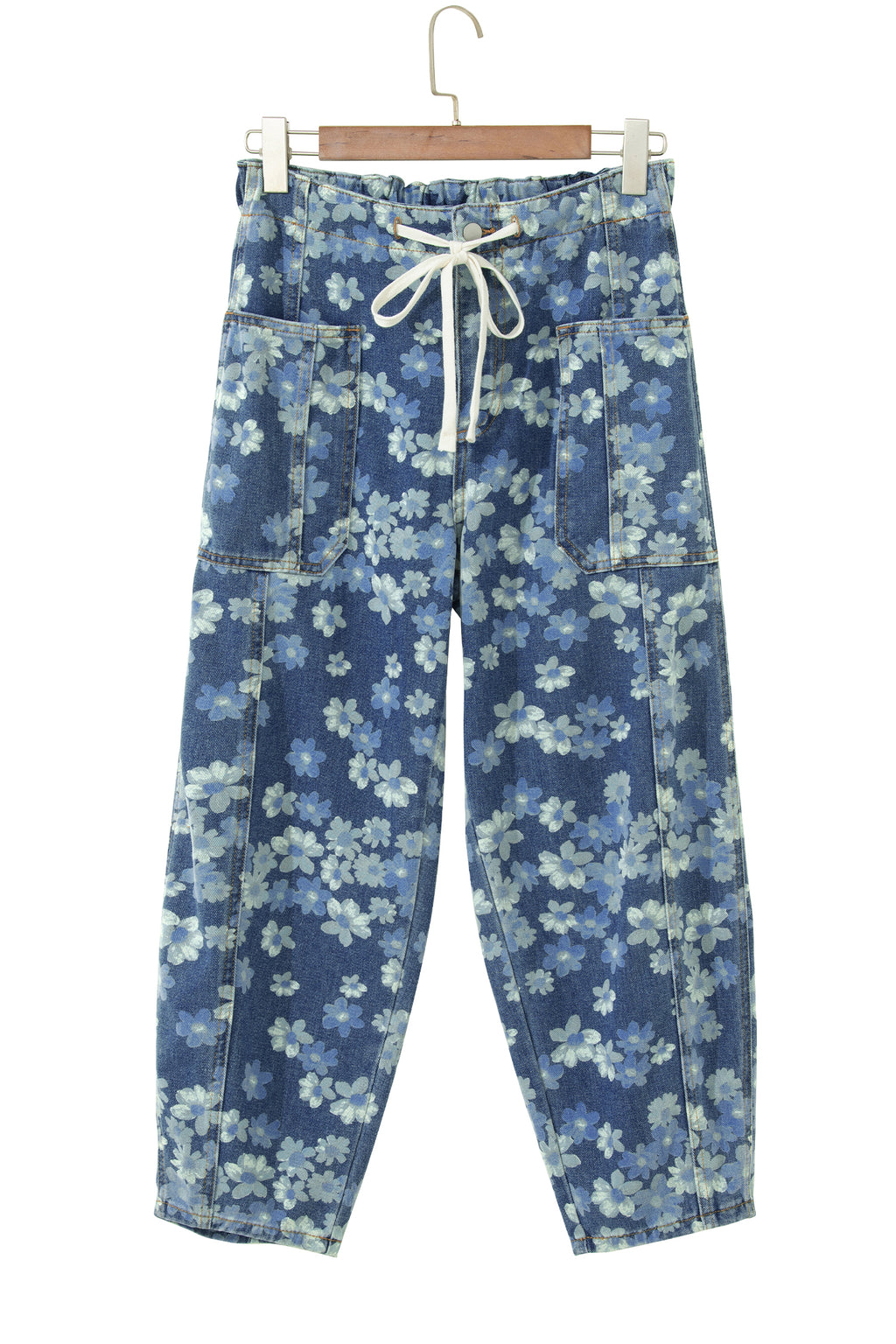 Sky Blue Dainty Floral Print Drawstring Barrel Jeans