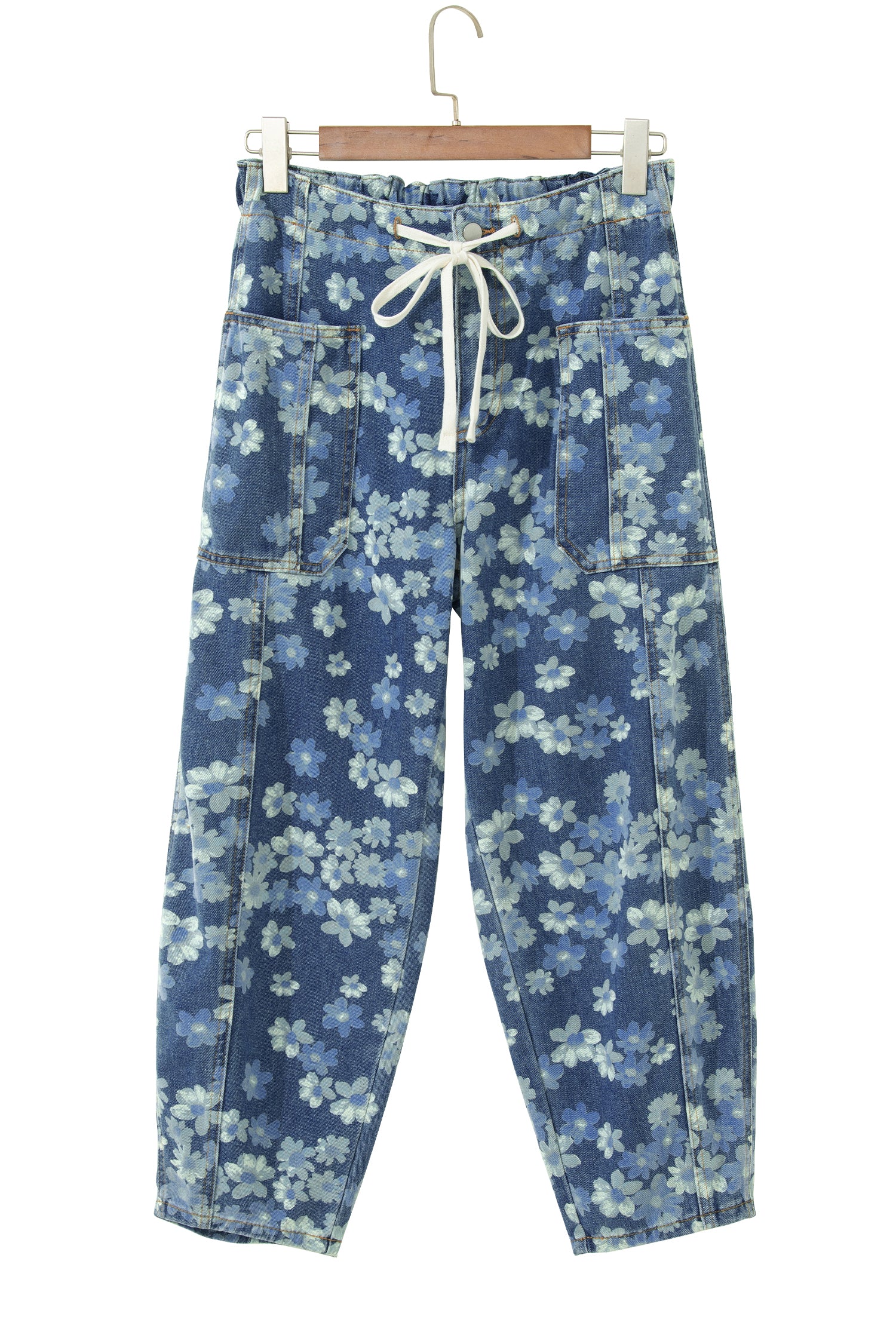 Sky Blue Dainty Floral Print Drawstring Barrel Jeans