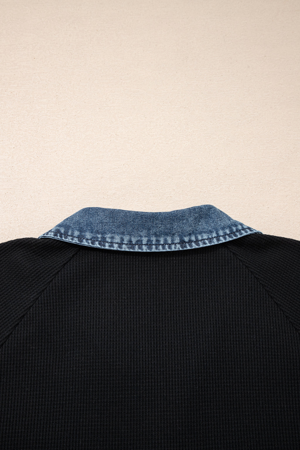 Plus Size Black & Denim Patchwork Button Polo Tee