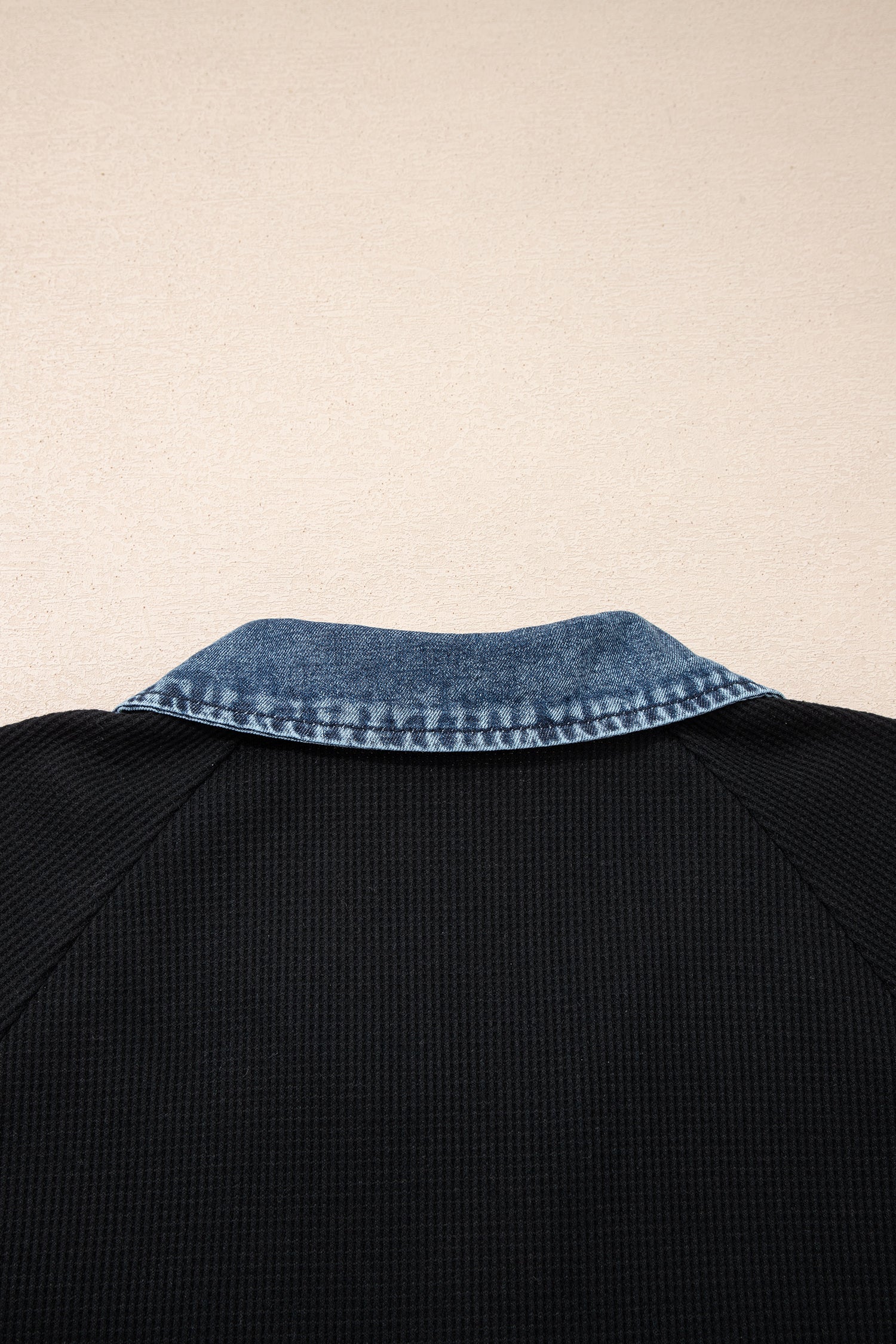 Plus Size Black & Denim Patchwork Button Polo Tee
