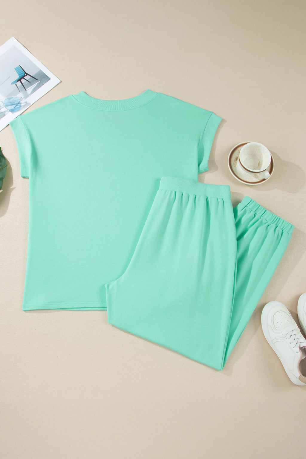 Plus Size Mint Green V-Neck Tee & Drawstring Pants Set