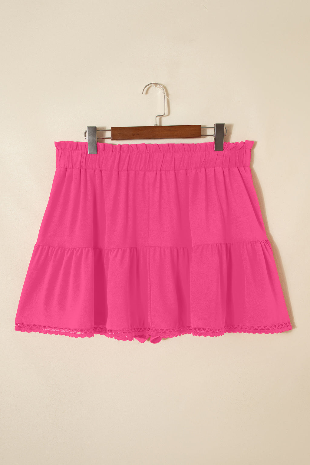 Plus Size Rose Red Frilled With Lace Trim Elastic Waist Ruffled Shorts