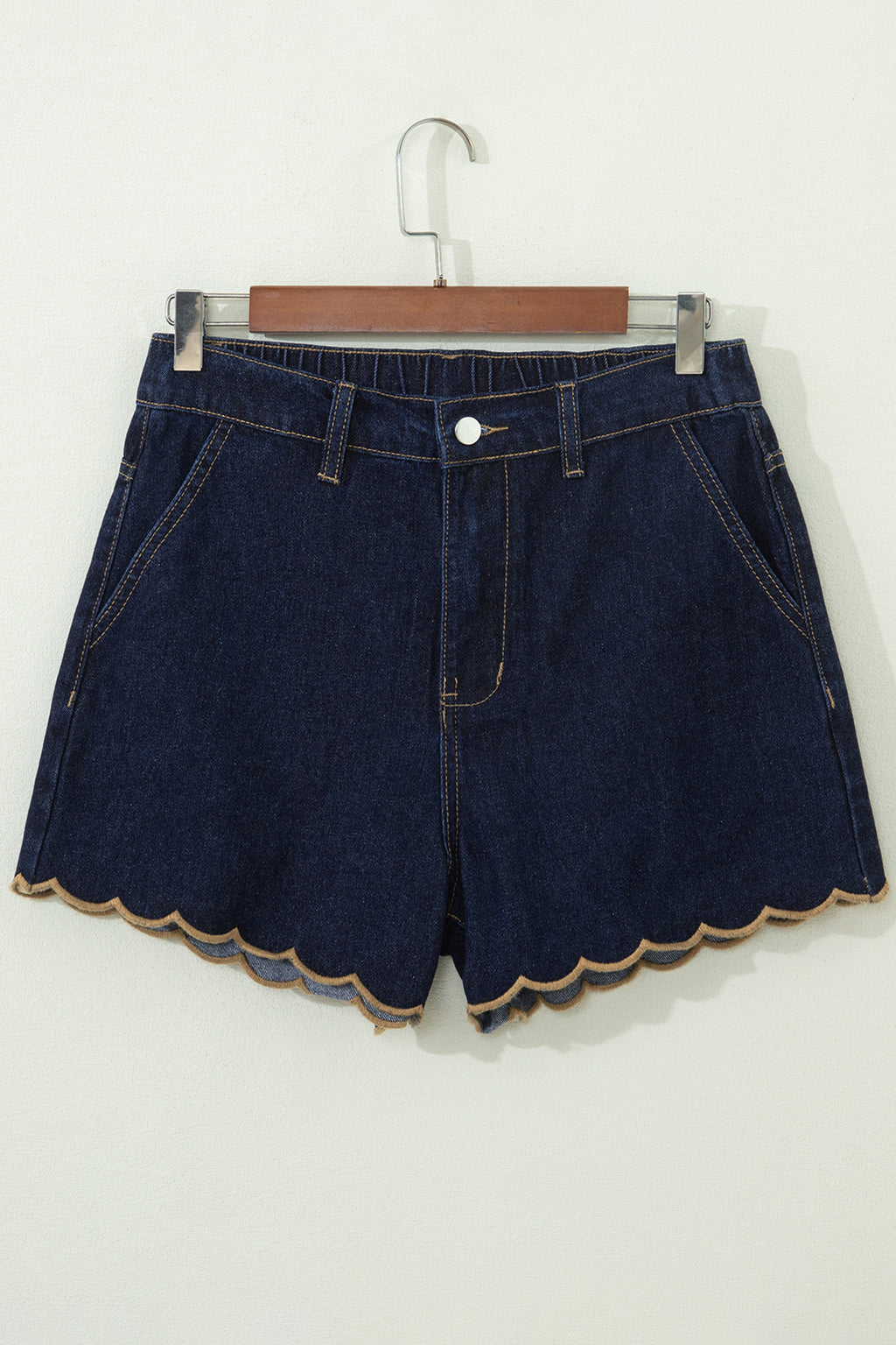 Navy Blue Relaxed Denim Shorts With Embroidered & Scalloped Trim